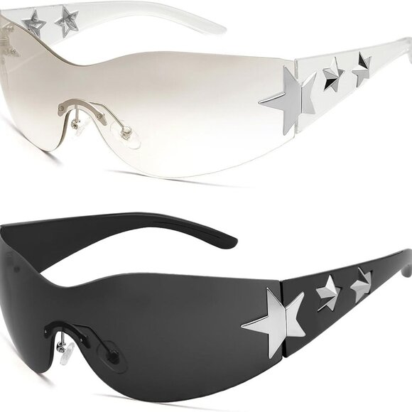 Rimless Y2K Sunglasses Star Wrap Around Glasses 2000S Accessories for Women Men - Picture 1 of 7